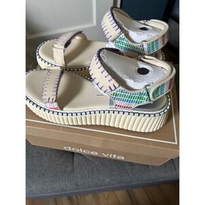 Dolce Vita Debra Ivory Multi Nubuck Platform Sandals Flatform Whipstitch 9.5
